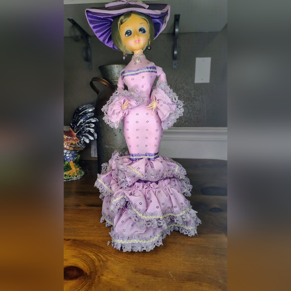 Vtg Bradley Big Eyed Doll With Slight Damage Purple With Grey Hair - Picture 7 of 8